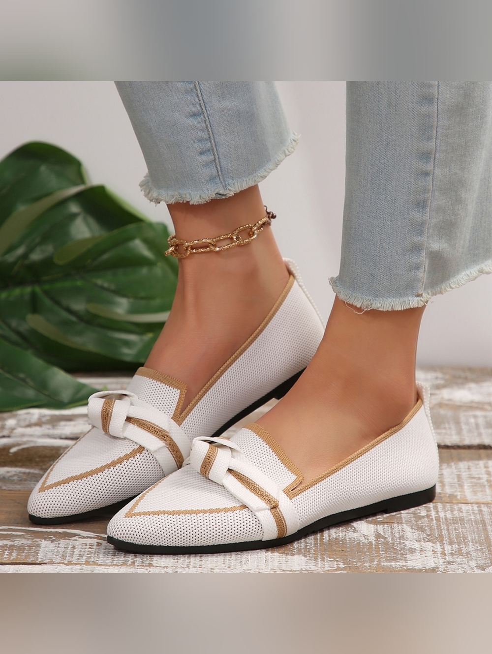 Women’s White & Tan Pointed Loafers - Casual Slip-On Flats